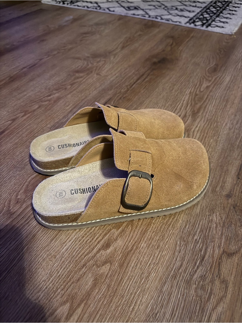 Cushionaire Suede Buckle Slip-On Clog in Camel